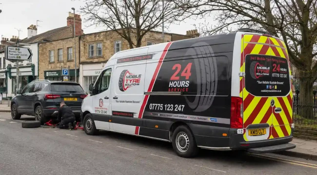 Mobile Tyre Solutions van providing mobile tyre fitting in Wetherby, helping a customer car with a tyre replacement on a UK roadside near the town centre.