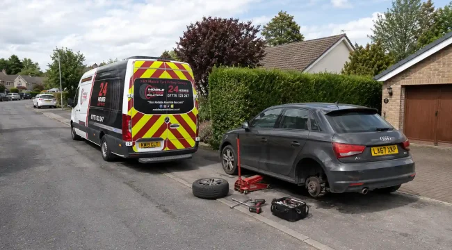 Mobile Tyre Solutions van parked safely on a residential street, West Yorkshire, providing mobile tyre replacement service for a dark grey Audi hatchback outside a customer’s home.