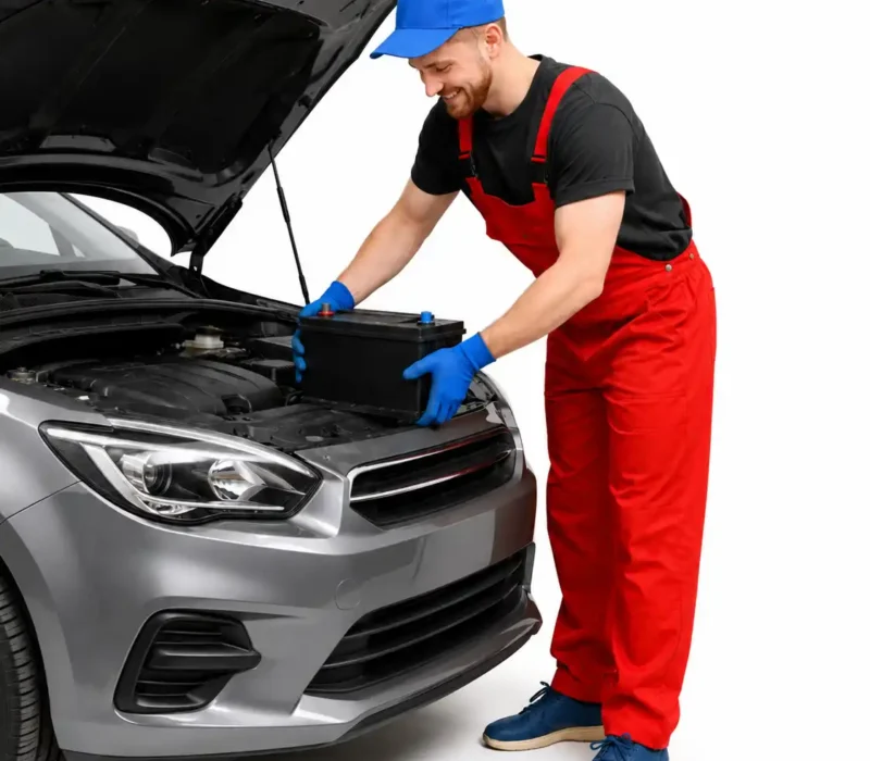 Technicain doing jump start a car