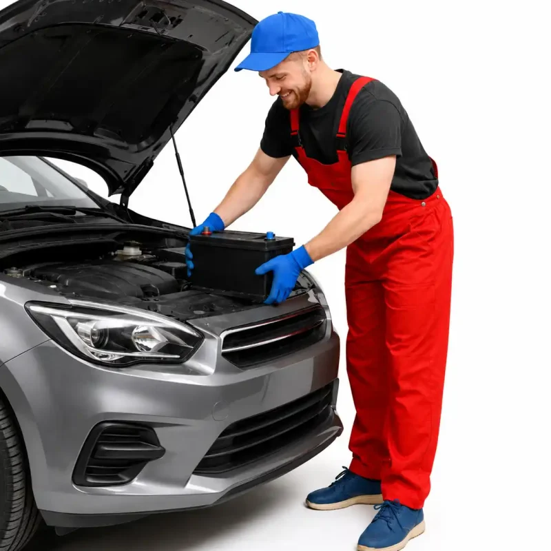 Technicain doing jump start a car